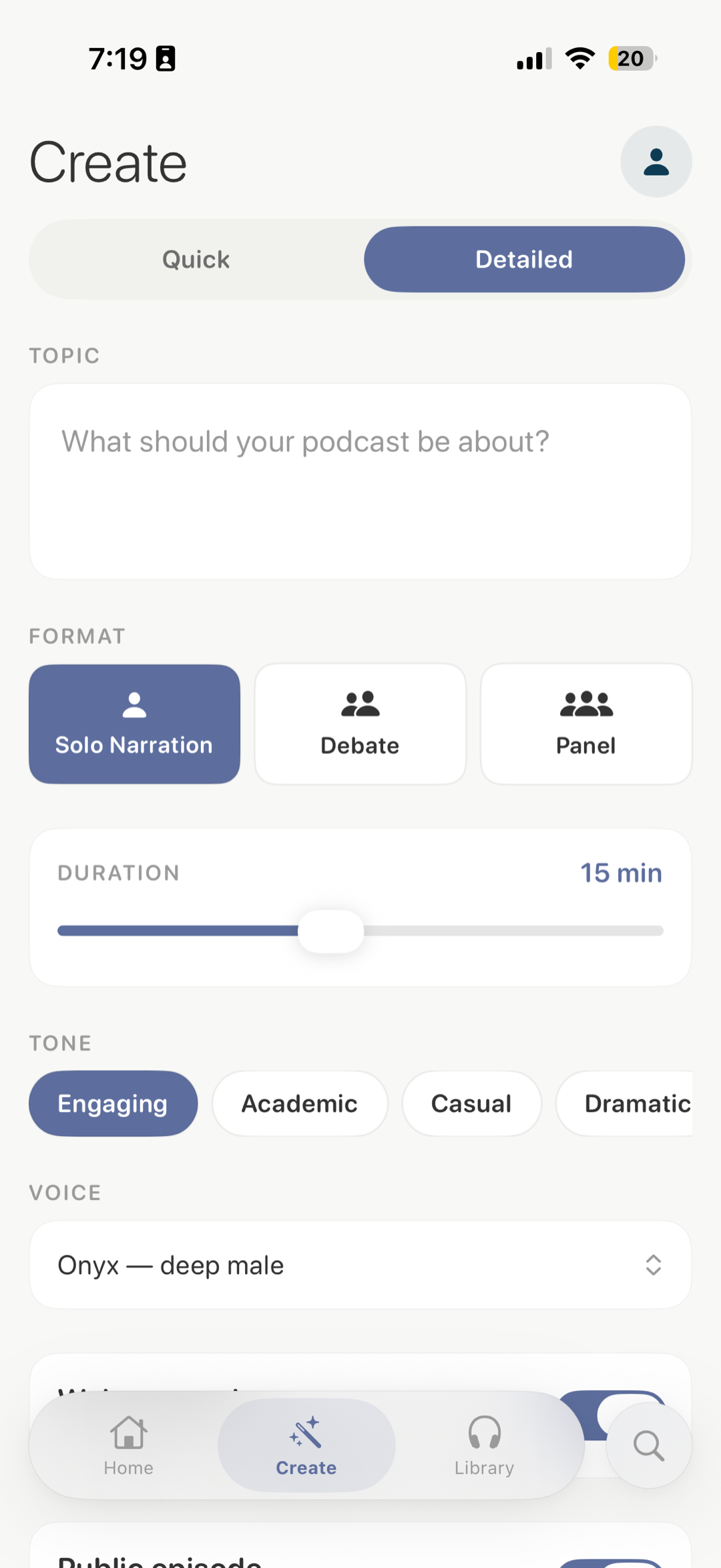 Detailed create — format, tone, voice, public/private.